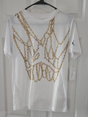 Jordan Bundle White With Gold Hoop Nwt, Black Red and White Graphic Tee, Grey Ts